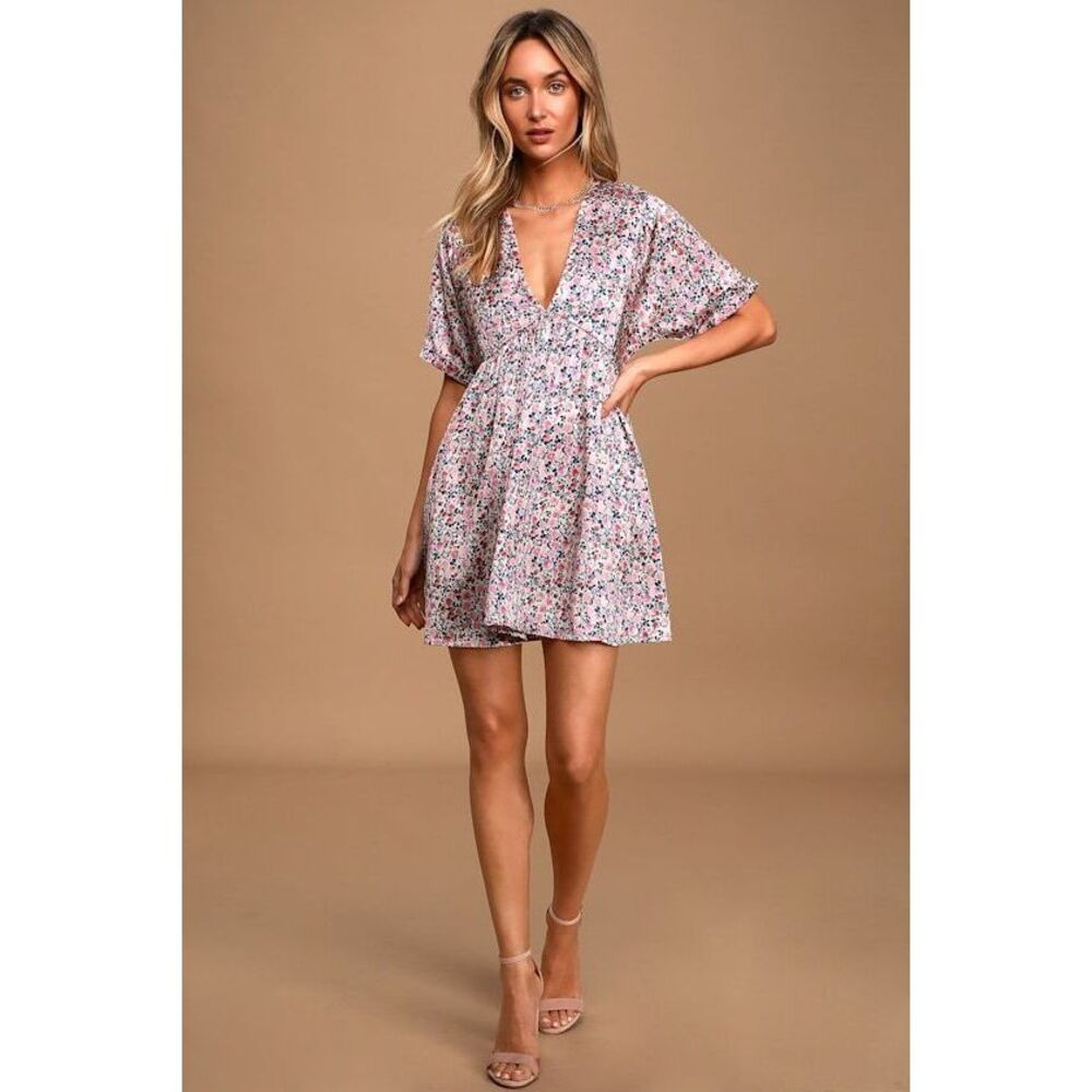 Lulus Express Yourself Blush Pink Floral Print Satin Babydoll Dress - Size M
